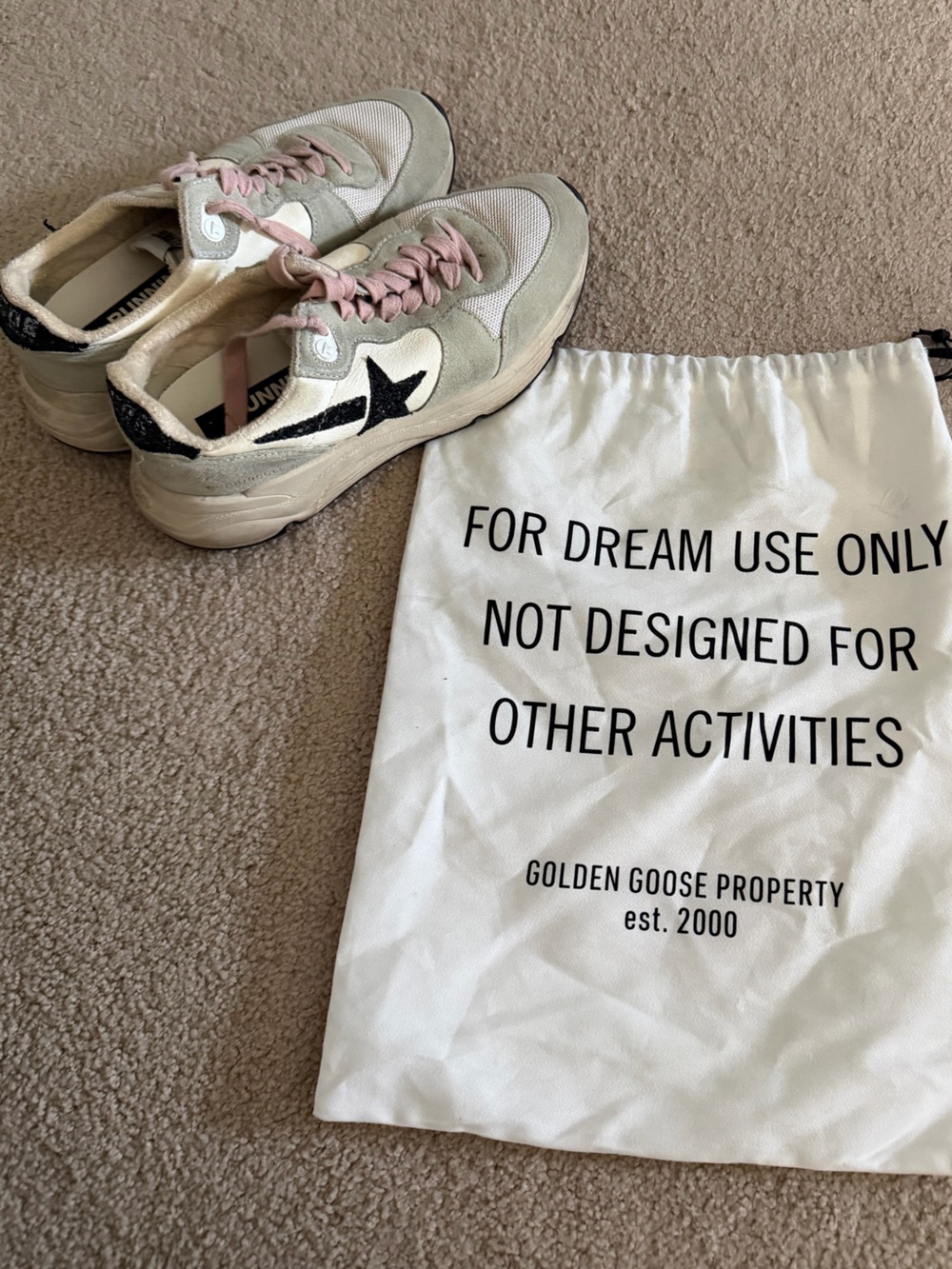 Golden Goose Running Sole Suede Sneakers with Black Glitter Star and Pink Laces